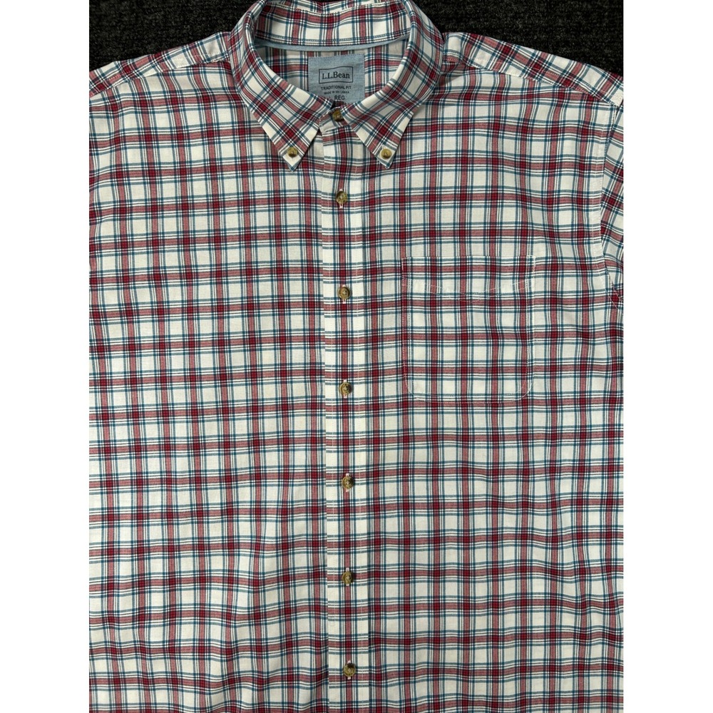 LL Bean Mens Large Traditional Fit Short Sleeve Plaid Button Down Shirt Red Blue